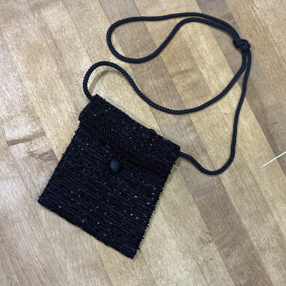 Vintage Black Beaded Evening Bag Small Crossbody Braided Cord Formal Purse